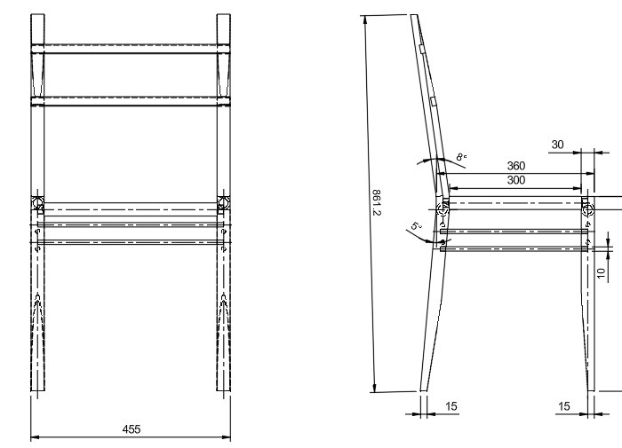 Technical drawing of the chair, front and side